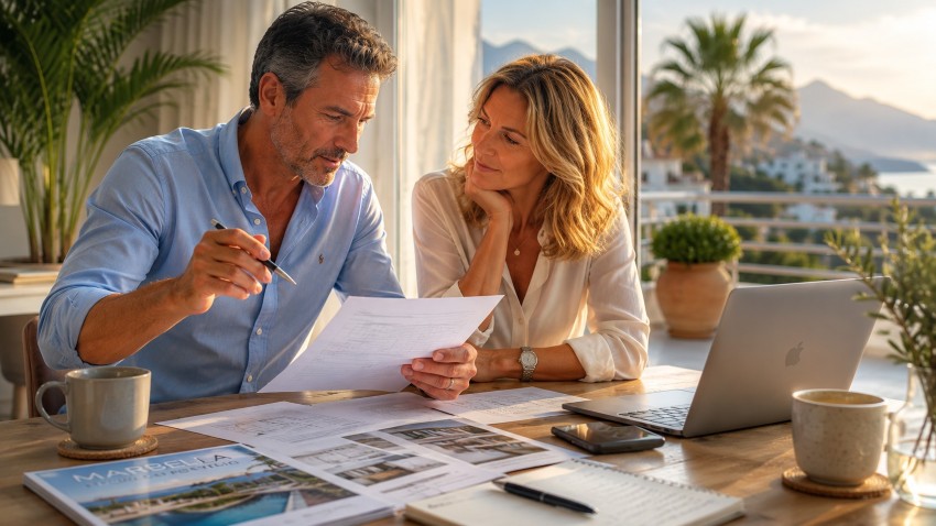 Paar prüft Unterlagen zum Immobilienverkauf an der Costa del Sol Ein Paar Ende vierzig sitzt ruhig gemeinsam an einem Tisch in einem hellen Zuhause an der Costa del Sol und prüft Unterlagen zum Verkauf seiner Immobilie. Auf dem Tisch liegen Kaffeetassen, ein Laptop, Grundrisse und Dokumente, während die beiden in ruhiger und nachdenklicher Atmosphäre ihre nächsten Schritte besprechen.