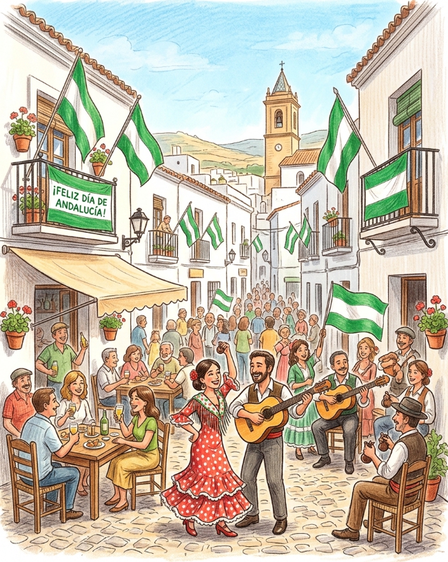 Día de Andalucía street celebration Sketch-style illustration of a street scene in Andalucía with people in traditional dress and the regional flag on Día de Andalucía