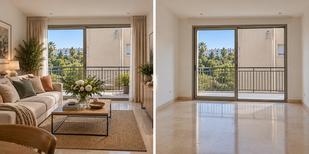 Staged versus empty room Don't let the staging of a room take your eye away from what really matters.