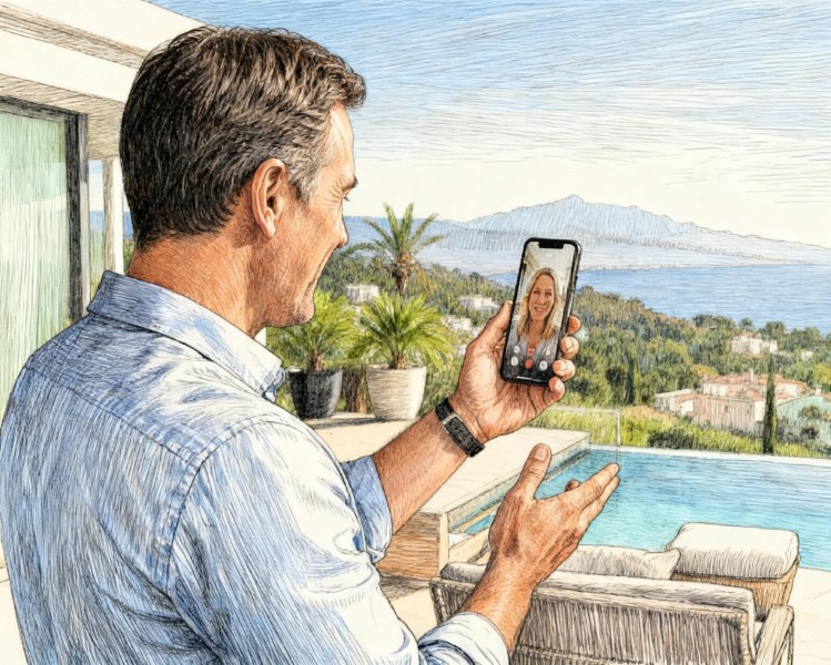 Communication entre un agent immobilier et son client. Un client recevant des conseils immobiliers fiables à Marbella avec vue sur le littoral de la Costa del Sol