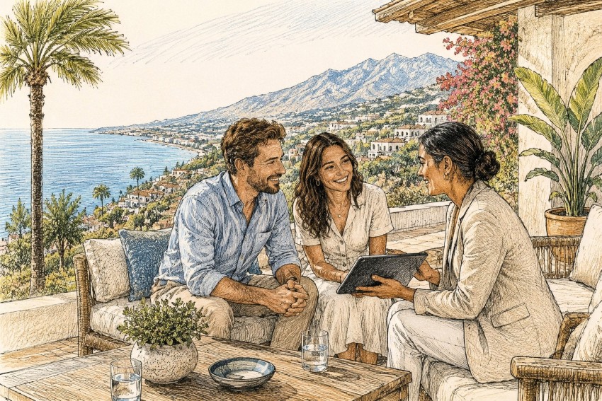 Acheter un logement sur la Costa del Sol avec les conseils d’un professionnel Couple heureux étudiant différentes possibilités immobilières avec un agent sur la Costa del Sol