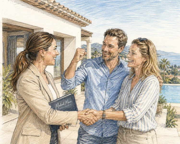 Een gezin reserveert een villa aan de Costa del Sol Een blij gezin buiten een Andalusische villa, klaar om hun nieuwe woning te reserveren