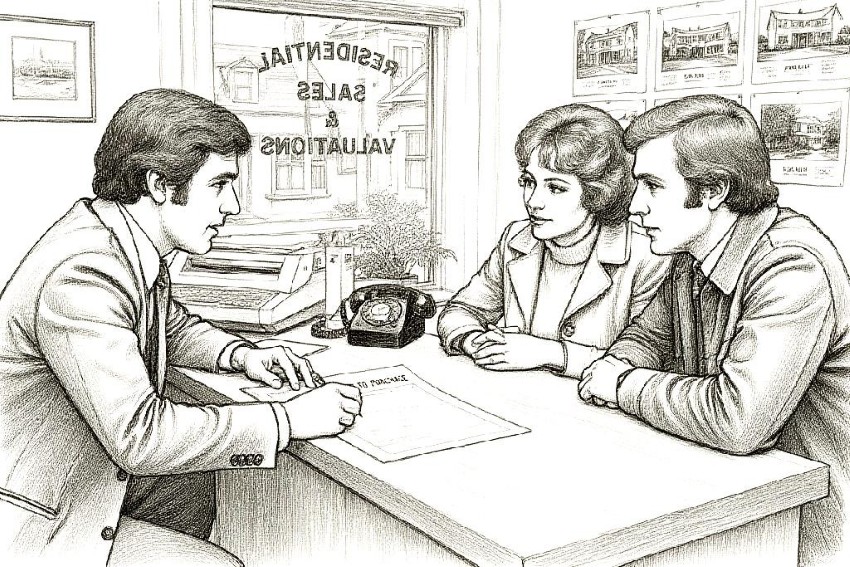 Frågor är en del av jobbet. Fastighetsmäklare på 1970-talet som ställer frågor till en kund